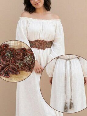 Love Binetti Belt Beaded Embroidery Metallic Burnt Orange Tassel Adjustable Boho